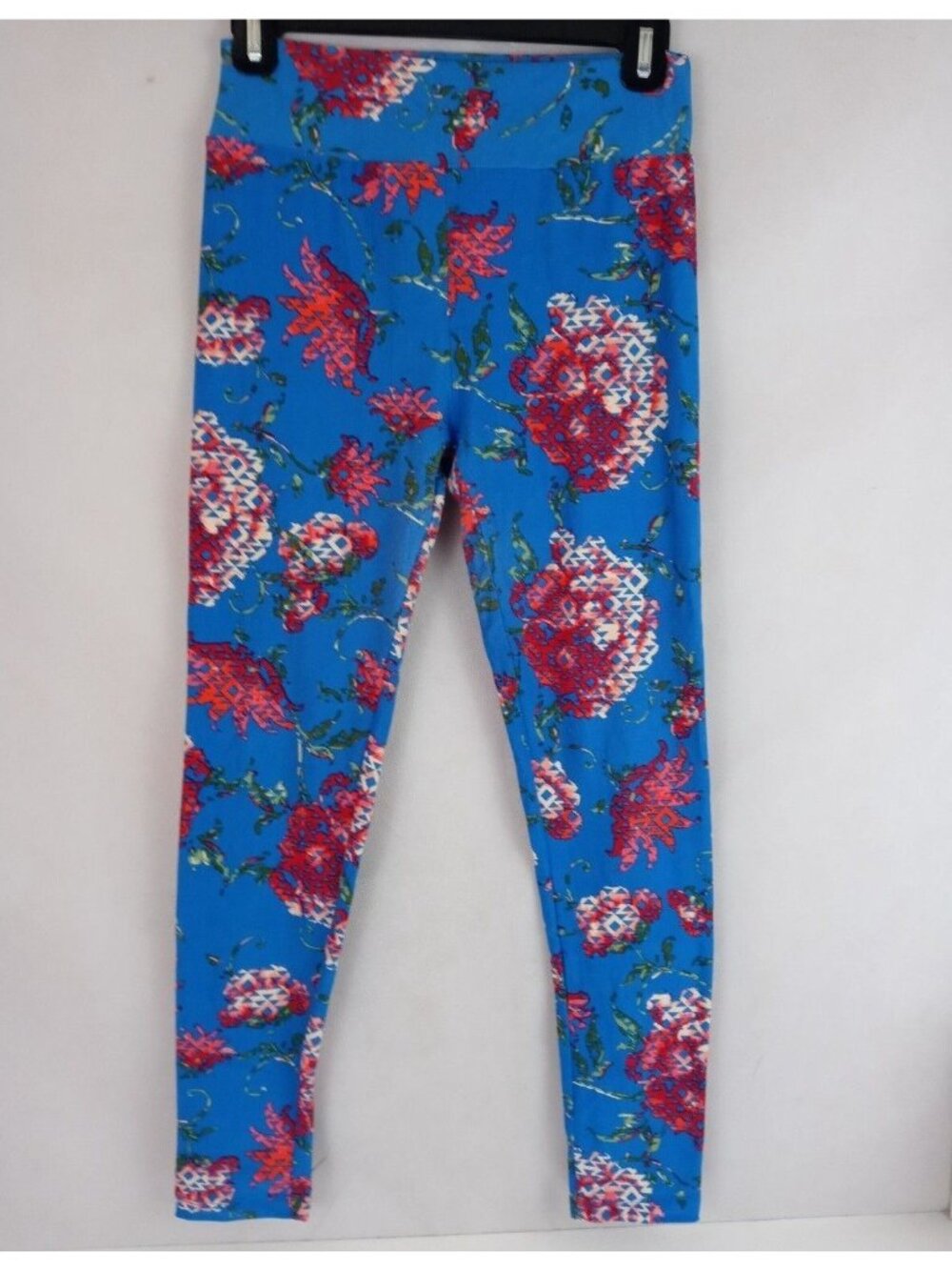 LuLaRoe OS Leggings Blue With Pixelated Floral Designs